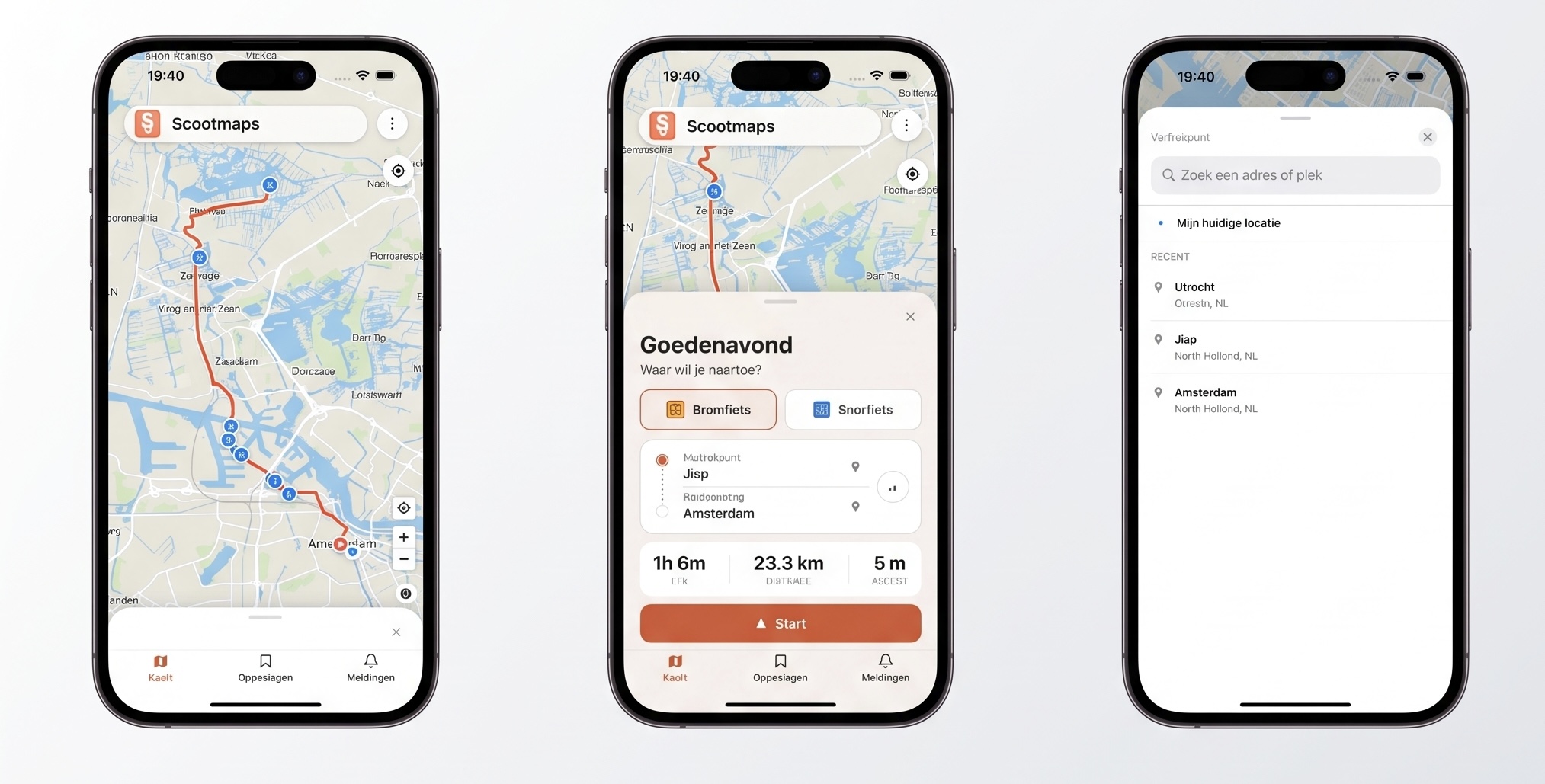 Scootmaps iPhone app-screenshots: kaart met route, ritoverzicht, zoeken en routeplanning